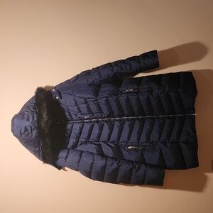 Eddie Bauer Blue Long Down Puffer Coat with Faux Fur Hood TXXL